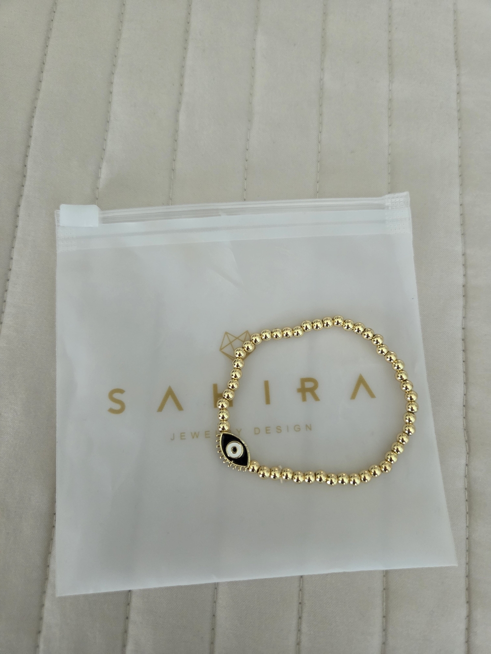 Gold Bead Bracelet with Black & White Evil Eye